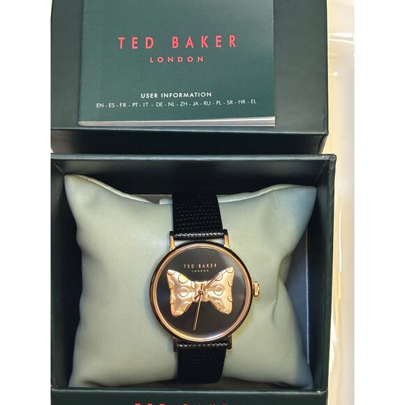 Ted Baker Phylipa Ladies Black Lizard Leather Strap Watch/Rose Gold Bow-Tie - Picture 8 of 16